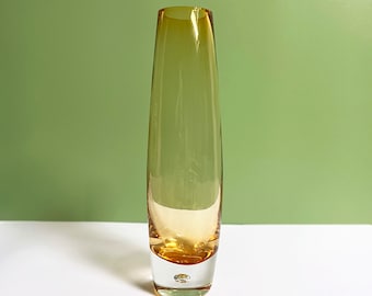 Tall amber glass vase, midcentury Scandinavian orange with clear base with bubble  29cm 11.5" high mcm art glass