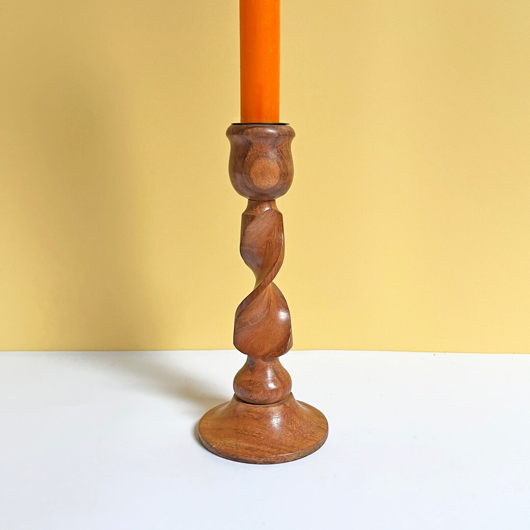Wooden Candlestick Holder Mid Century Oak Wood Barley Twist Etsy