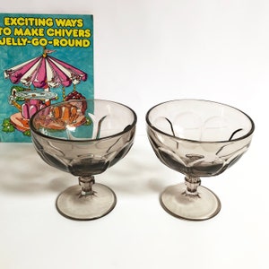 Smoked glass large sundae dishes, Pair of grey pedestal dessert cocktail trifle coupe glasses retro bowls, glass pedestal bowls