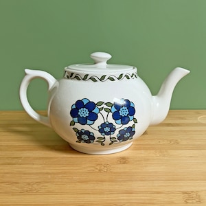 Può includere: Una teiera in ceramica bianca con un design floreale blu e verde. La teiera ha un corpo rotondo e un beccuccio laterale.