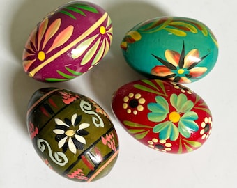 Colourful Hand Painted Wooden Eggs: 4 Vintage Folk Art Ornaments