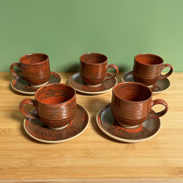 Studio pottery cup & saucer set of 5 small vintage hand thrown artisan stoneware demitasse cups, brick red with speckled black tenmoku glaze