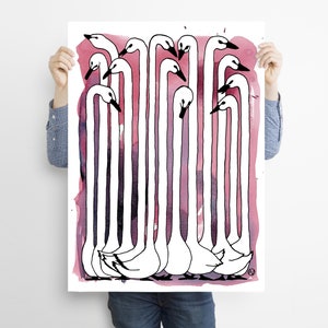 Cigno, rosa, uccelli, collo, testa, coda, nero, conversazione, oca. Inchiostro, acquerello. Stampa d'arte A4, poster, illustrazione, decorazione, stanza dei bambini