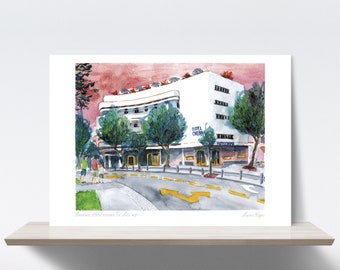 Original painting, Bauhaus, Architecture, Tel Aviv, Israel, Pink, Blue, Green, Dizengoff square. Watercolor, Pencils, 9x12 in., Illustration