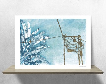 Bird on a wire, palm tree, electric wire, urban scene, Blue, Cityscape. Etching, aqua forte. Art prints A3. 30x42 cm, Fine art quality paper