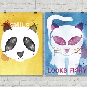 Panda, Katze, Fisch, Blau, Gelb, Rosa. Aquarell, Stempel, Tinte. Set von 2 Postern 50x70 cm, Kunstdruck, Illustration. Digitaldruck 130 gr.