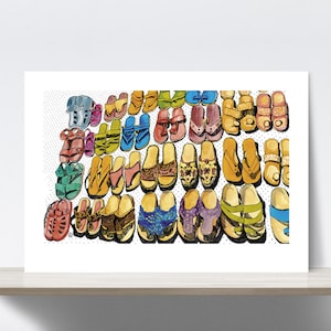 Shuk, Mercato, Gerusalemme, Città Vecchia, Israele, scarpe, pelle, Negozio, Orientale. Inchiostro, Acquerello. Stampa d'arte, illustrazione, carta di qualità fine art