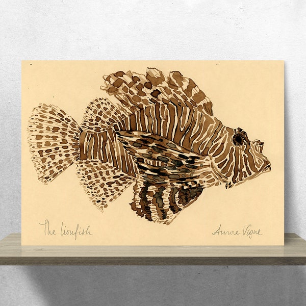 Original painting, Lionfish, Pterois, Zebrafish, Fish, Firefish, Stripes, Marine. Drawing, Illustration, Walnut shells Ink, A5, 5,8x8,3 in.