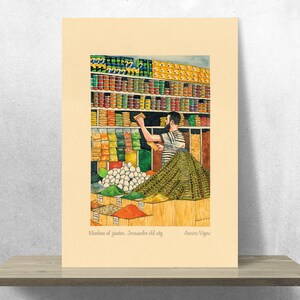 Oryginalny obraz, Przyprawy, Rynek, Stare miasto, Jerozolima, Izrael, Sklep, Shouk, Rynek, Piramida, Via Dolorosa. Akwarela, Ilustracja, A3.