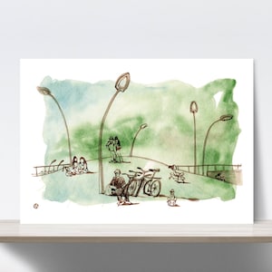 Porto, Tel Aviv, Israele, Biciclette, Bambini, Promenade, Mercato, Pianificazione urbana. Acquerello, inchiostro. Stampa d'arte, illustrazione, carta di qualità fine art