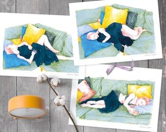 Dormire, ragazza, bambino, pisolino, cuscino, rosa, blu, matita, pastello. Set di 3 stampe artistiche 21 x 30 cm, disegno, illustrazione, carta di qualità Fine Art.