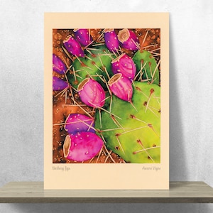 Kaktus, Barbar feigen, Botanische Kunst, Sukkulente, Wüste, Natur, Pflanze, Obst, Rosa, Grün. Aquarell, Tinte. Kunstdruck, Poster, Illustration