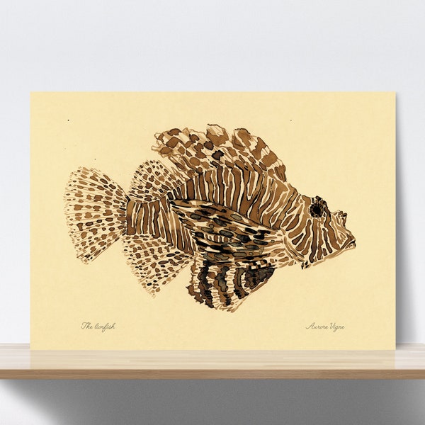 Lionfish, Pterois, Zebrafish, Fish, Firefish, Stripes, Marine. Walnut shell Ink, A4, Art print, illustration, Fine art quality museum paper.