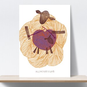 Wolle, Schaf, Stricken, Liebe, All you need is love, schwanger, Mutter, rosa, Herz, Baby. Tintenzeichnung. Kunstdruck, Illustration, Fine Art Papier