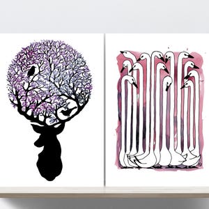 Hert, Gans, roze, vogels, zwart, violet, schilderij, aquarel, inkt. 2 Kunstafdrukken A4, illustratie. 21x30 cm, Fine art kwaliteitspapier