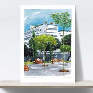 Bauhaus, Architektur, Tel Aviv, Israel, blau, Weiße Stadt, Dizengoff Platz. Aquarell. Kunstdruck, Illustration, Fine Art Qualitätspapier