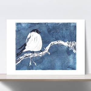 Libertà, Uccello, Gabbia, Tessuto, Ramo, Blu, Indaco, Libertà. Acquaforte, aqua forte, incisione. Stampa artistica A4. 21x30 cm, Carta di qualità fine art