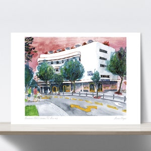 Bauhaus, Architektur, Tel Aviv, Israel, Pink, Dizengoff Platz, Weiße Stadt. Aquarell, Kunstdruck, Illustration, Fine Art Qualitätspapier