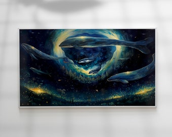 Whales Samsung tv frame wall art print instant download magical humpback whales fairytale ocean moon night