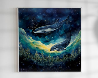 Wall art print  starry humpback whales fairytale digital download printable instant download