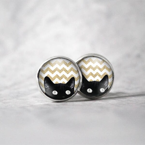 Boucles d'oreilles cabochon 12 mm / Chat noir fond zigzag