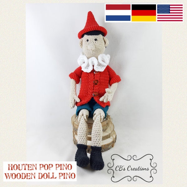 Poupée en bois Pino, Amigurumi Crochet Pattern, vieux Pinocchio en bois, pinocchio