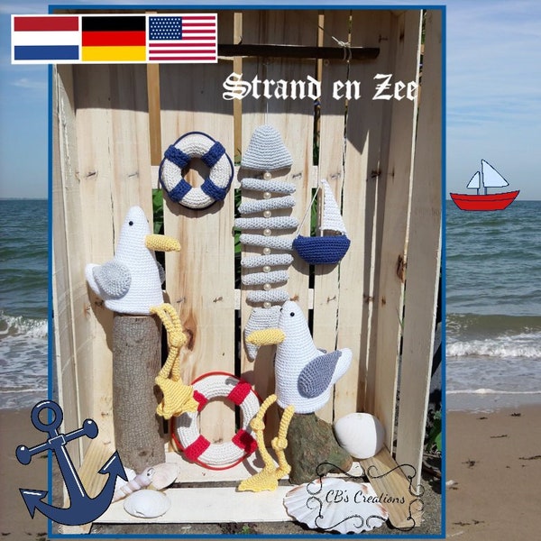 Strand en Zee, Amigurumi Haakpatroon, boot en vis van drijfhout, meeuw, reddingsboei