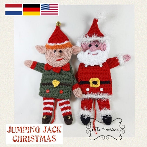 Jumping Jack Christmas, Amigurumi Haakpatroon, trekpop kerstman en elf