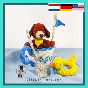 Sailing a boat, drinking tea: Crochet your own adventurous dog! Amigurumi crochet pattern.