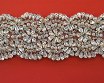 FQTANJU 1 Yard Rhinestone Trim With Ivory Pearls - Crystal Chain Embellishment For DIY Wedding Dresses, Bags & Crafts