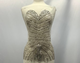 Rhinestone bodice  Fabric,Beaded Elegant ,Glamorous, applique .mesh,prom,bride,evening,engagement embroidered in tulle