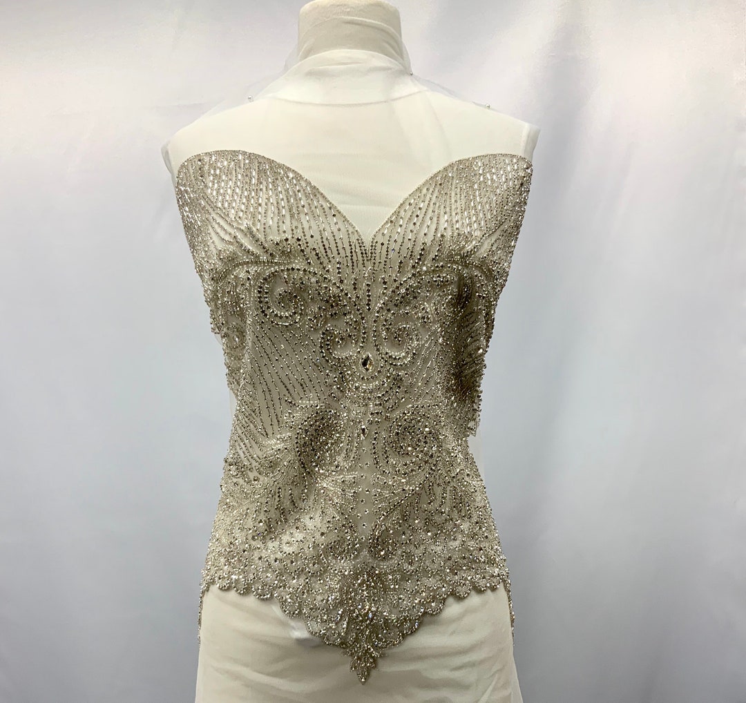 Rhinestone Beaded Bodice Applique Mesh Fabric Wedding,prom,evening