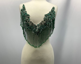 Rhinestone fringe applique beautiful lovely embroidered CZech beads bugle silver beads marquis’s shapes