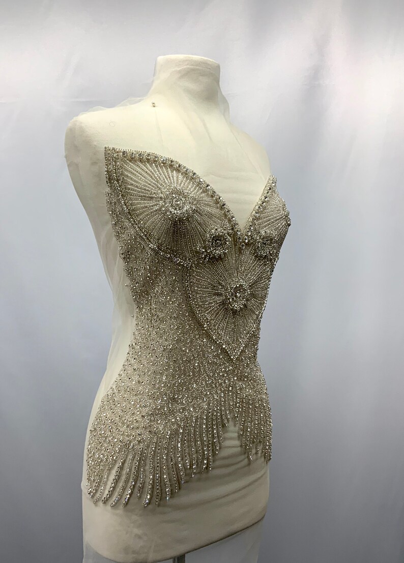 Beaded embroidery dress appliqu\u00e9 # 81178 Designer Body Rhinestone Applique,Dress Czech crystal