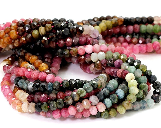 Genuine Rainbow Tourmaline Beads, Natural AAA Rainbow Tourmaline Faceted Rondelle 3mm x 4mm Gemstone Beads - RDF68