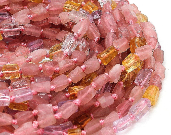 Natural Quartz, Pink Strawberry Yellow Clear Quartz Nugget Gemstone Beads - PGS224