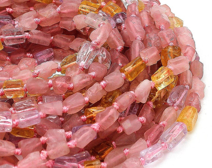 Natural Quartz, Pink Strawberry Yellow Clear Quartz Nugget Gemstone Beads - PGS224