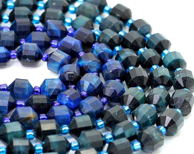 Natural Blue Tiger Eye Beads, Faceted Round Double Terminated Points Energy Prism Cut Tiger Eye Gemstone Beads - PGS320