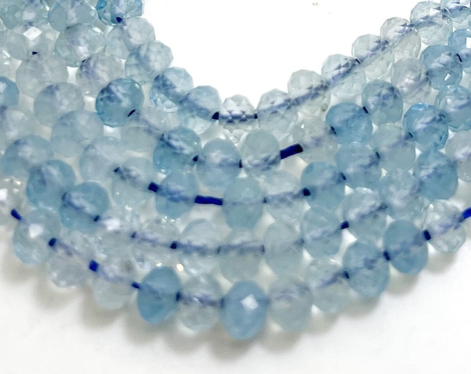 Natural Aquamarine Beads, AAA Blue Aquamarine Faceted Rondelle 3mm x 4mm Gemstone Beads Stones - RDF110