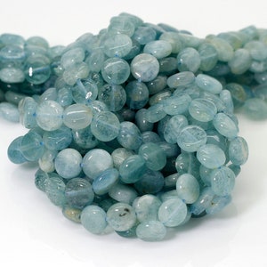 Natural Aquamarine, Natural Smooth Flat Round Disc Coin Aquamarine Loose Gemstone Beads 4mm x 8mm - PGS291