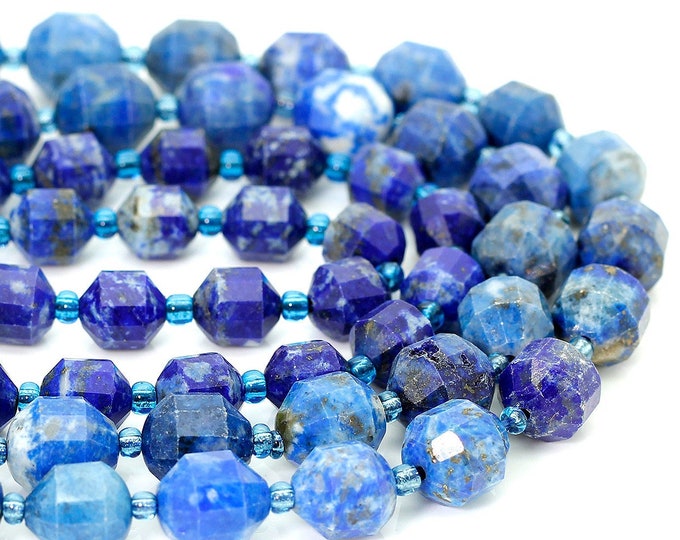 Lapis Beads, Natural Lapis Lazuli Faceted Round Double Terminated Points Energy Prism Cut Gemstone Beads - PGS321