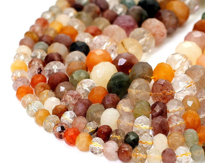 Natural Rutilated Quartz, Mix Color Rutilated Quartz Faceted Rondelle Loose Gemstone Beads - RDF72