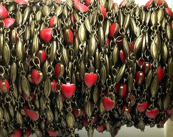 Chaîne de perles Red Hart, chaîne de bracelet bijoux bronze cuivre - PCH24