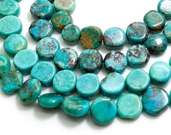 Arizona Turquoise, Natural Genuine Blue Turquoise Round Flat Polished Smooth Gemstone Beads - PGS391 - 16" Strand