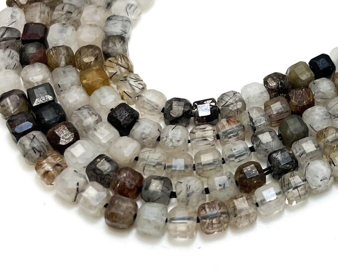 Black Rutilated Quartz, 4mm x 4mm Faceted Cube Square Black Hair Tourmaline Quartz Natural Gemstone Beads - PGS262