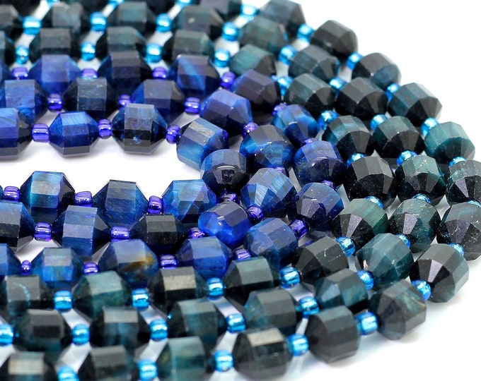 Natural Blue Tiger Eye Beads, Faceted Round Double Terminated Points Energy Prism Cut Tiger Eye Gemstone Beads - PGS302