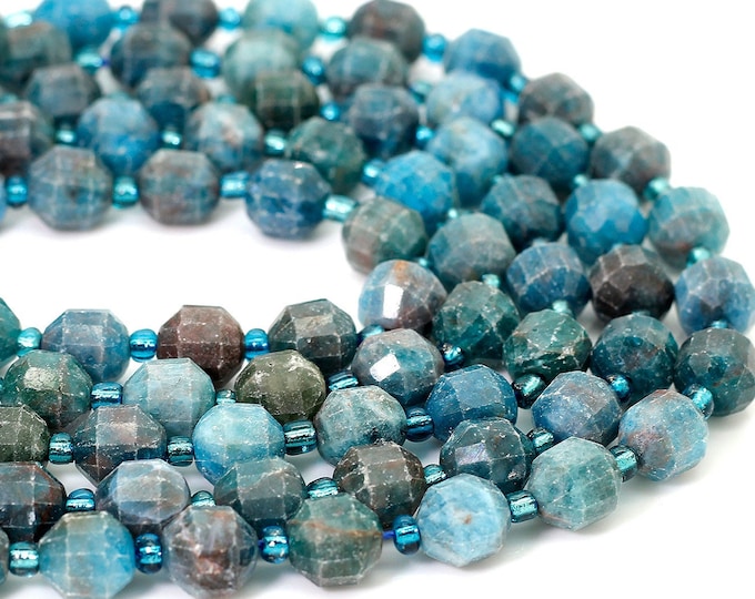 Natural Apatite Faceted Round 5mm x 6mm, 7mm x 8mm Double Terminated Points Energy Prism Cut Gemstone Beads - PGS301