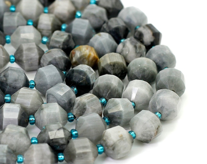 Natural Labradorite Beads, Octagon Faceted Round 11mm x 12mm Double Terminated Points Energy Prism Cut Gemstone Beads - PGS313
