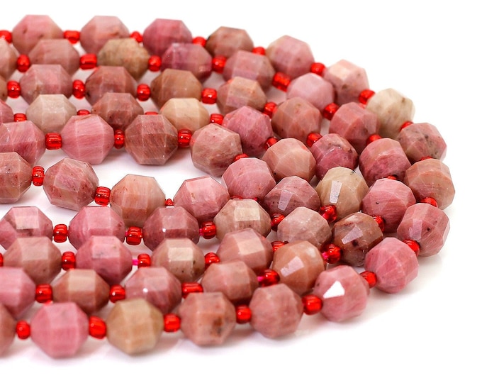 Natural AAA Pink Rhodonite Octagon Faceted Round 7mm x 8mm Double Terminated Points Energy Prism Cut Gemstone Beads - PGS310