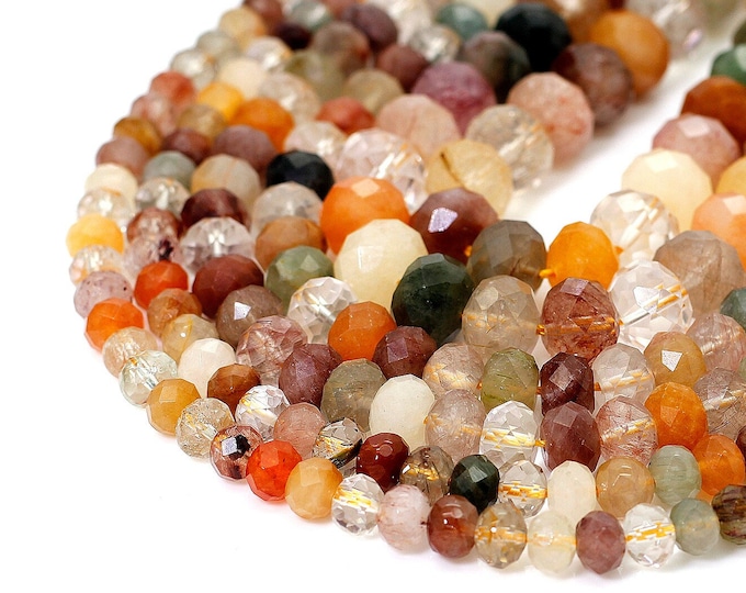 Natural Rutilated Quartz, Mix Color Rutilated Quartz Faceted Rondelle Gemstone Beads - RDF72